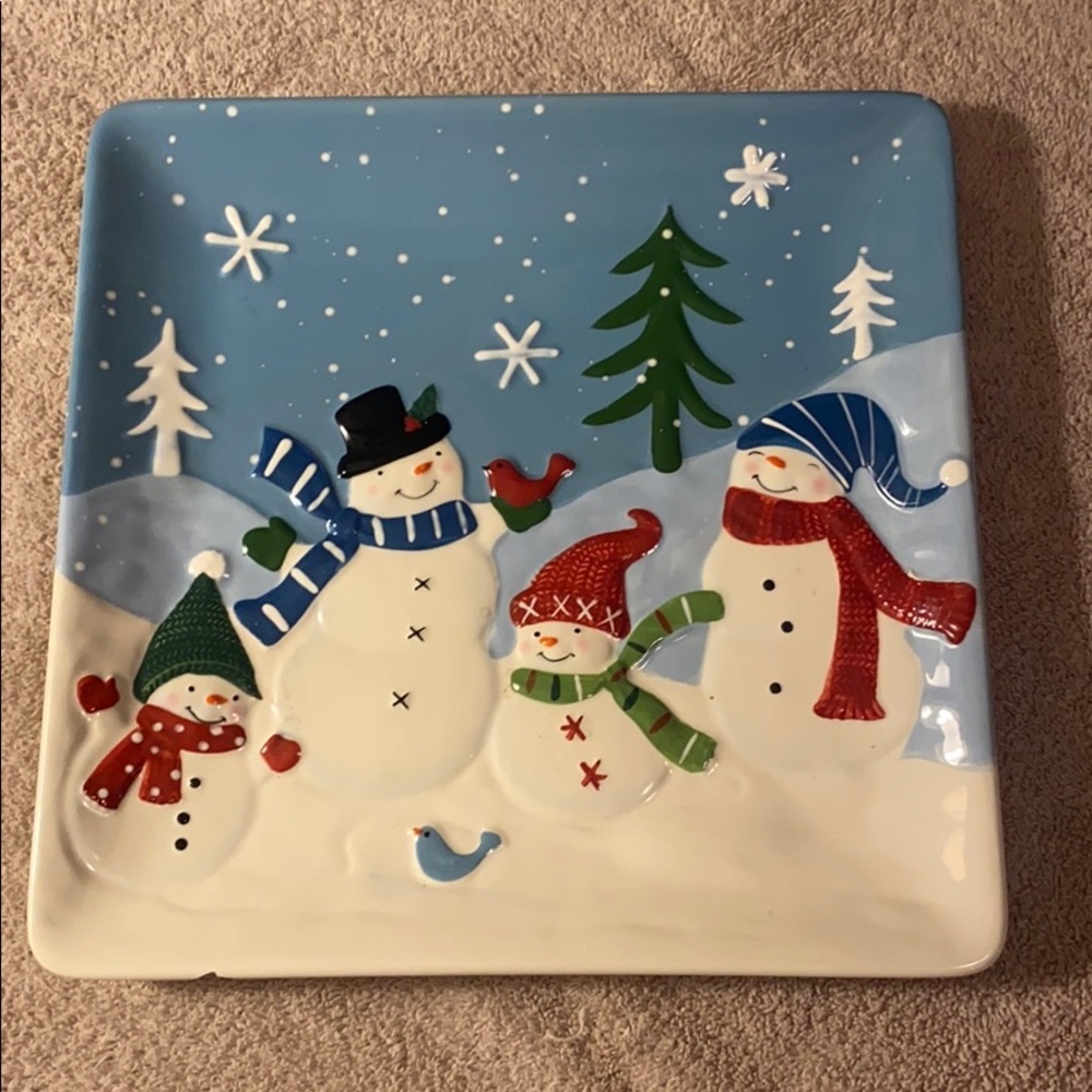 St. Nicholas Square Snowman‎ Ceramic Platter 11" Winter Chill Out Holiday Decor